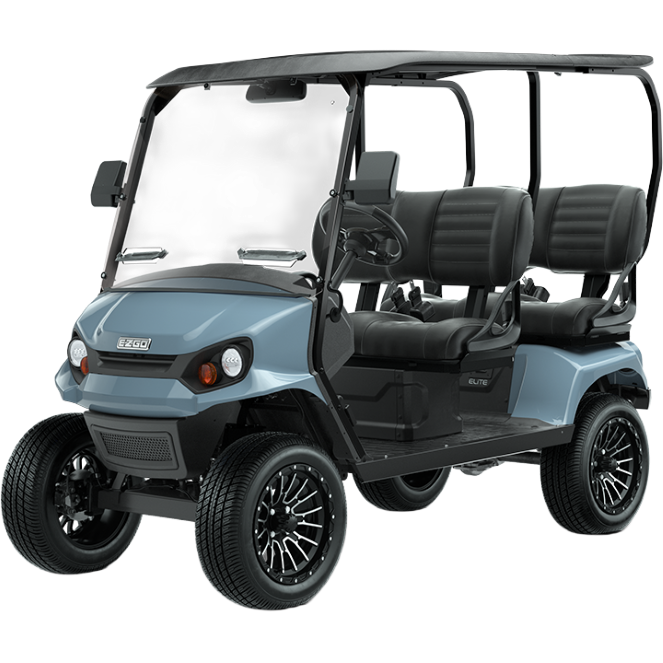 Electric-PTV A blue four-seater golf cart with black seats, a roof, and large black tires, viewed from the front left angle.