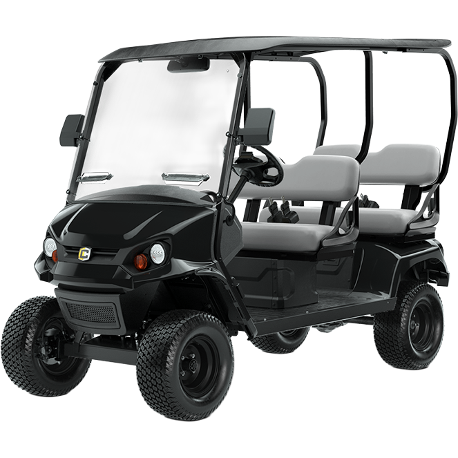 Gas-PTV A black, four-seater golf cart with a roof, windshield, and off-road tires is shown on a plain white background.