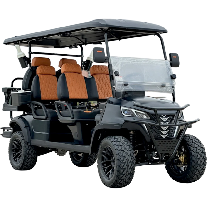 LSV A black six-seater golf cart with off-road tires, orange-brown seats, a roof, and a transparent windshield, viewed from the front left side.