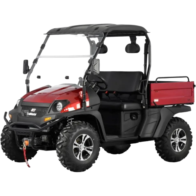 MPHOV Red and black utility terrain vehicle (UTV) with a front winch, roof, windshield, and a rear cargo bed, designed for off-road use.
